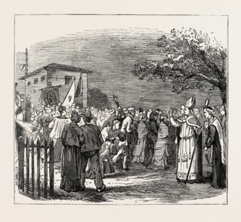 ON THE WAY TO PARAY-LE-MONIAL, FRANCE: ARRIVAL AT PARAY, 1873 engraving