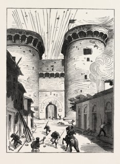 THE CIVIL WAR IN SPAIN: EXPLOSION AT THE CUARTE GATE, VALENCIA, 1873 engraving