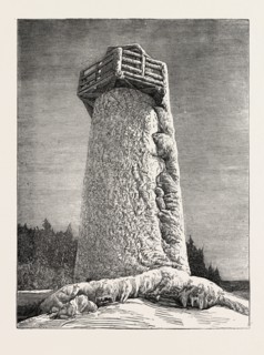 THE FALLS OF NIAGARA: THE TERRAPIN TOWER IN WINTER, CANADA, US, USA, 1873 engraving