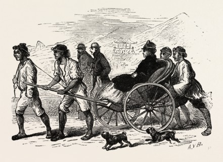 A DRAG ACROSS THE SAND IN A JINRIKISHA, RICKSHA, PULLED RICKSHAW. A TWO-WHEELED CART WHICH SEATS