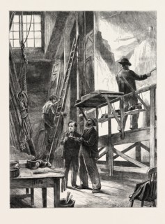 A SCENE PAINTER'S STUDIO: PREPARING FOR CHRISTMAS, SKETCHED AT THE HAYMARKET THEATRE, LONDON, UK,