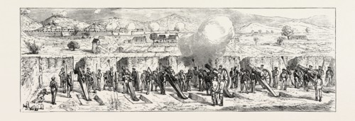 THE CARTAGENA INSURRECTION, SPAIN: THE BOMBARDMENT, GOVERNMENT BATTERY OF 70lb. BRONZE GUNS NEAREST