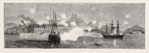THE CARTAGENA INSURRECTION, SPAIN: THE BOMBARDMENT, INSURGENT FRIGATES FIRING FROM THE HARBOUR ON