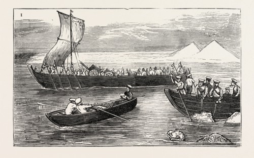 THE RUSSIAN EXPEDITION TO KHIVA: Passing the River Amu Darya by Russian troops, 1873 engraving