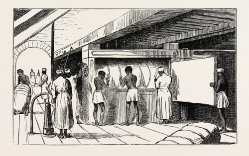 INTERIOR OF SHUNA: THE HYDRAULIC PRESS, BANDING THE BALES, EGYPT, 1873 engraving
