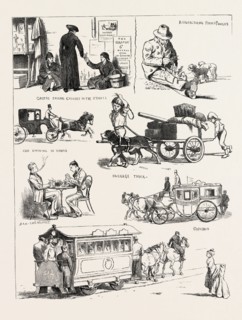 VIENNA, AUSTRIA: GREEKS SELLING CROSSES IN THE STREETS, CAB DRIVING, A DOG PULLING A CART, OMNIBUS,