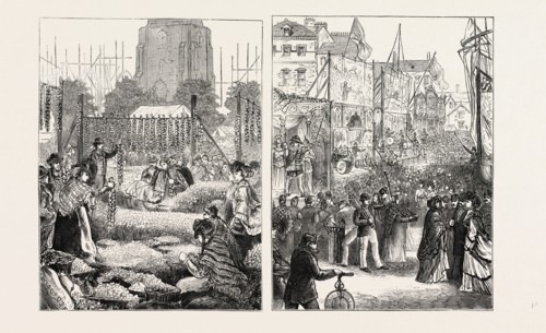 ONION FAIR AT BIRMINGHAM (LEFT IMAGE); GOOSE FAIR AT NOTTINGHAM (RIGHT IMAGE), UK, 1873 engraving