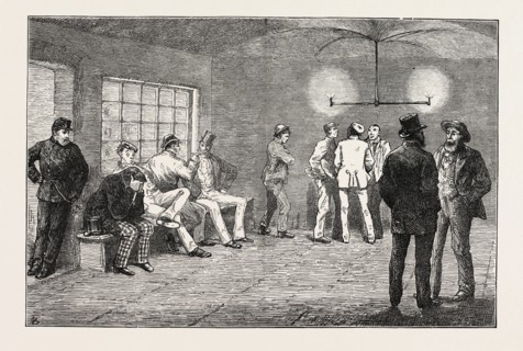 IN THE CELLARS AT NEWGATE: PRISONERS WAITING FOR THE COURT TO OPEN, LONDON, UK, 1873 engraving