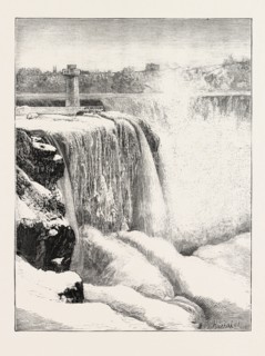 THE NIAGARA FALLS IN WINTER TIME: HORSE-SHOE FALL AND PROFILE ROCK, 1873 engraving