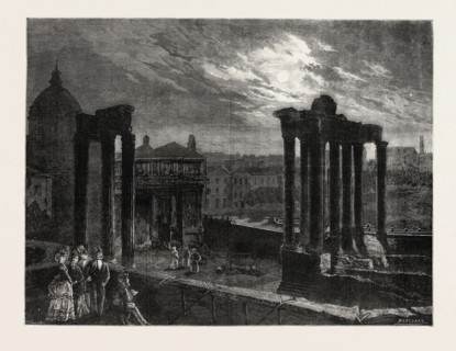 THE ROMAN FORUM BY MOONLIGHT, ITALY, 1873 engraving