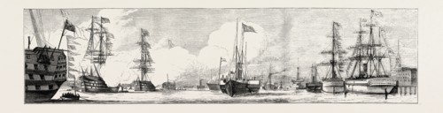 THE NAVAL REVIEW AT SPITHEAD: VICTORIA AND ALBERT PASSING BETWEEN INDIAN TROOP SHIPS AND OLD WOODEN