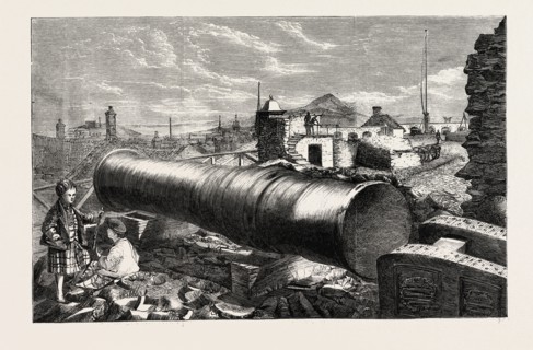 MONS MEG, EDINBURGH CASTLE, SCOTLAND, UK, 1860 engraving