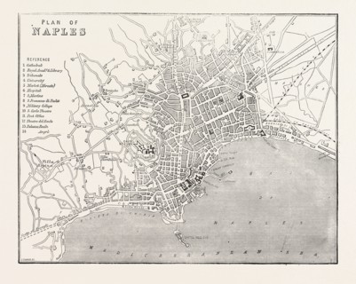 MAP OF NAPLES, ITALY, 1860 engraving