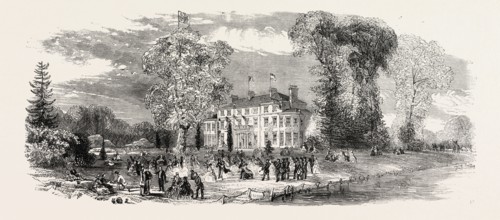 FETE AT DENHAM COURT, NEAR UXBRIDGE, UK, 1860 engraving