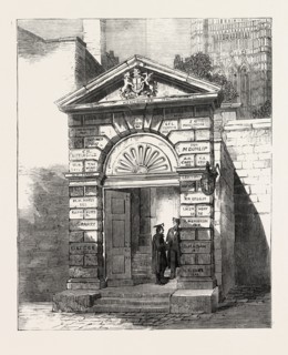 ENTRANCE GATEWAY OF WESTMINSTER SCHOOL, LONDON, UK, 1860 engraving