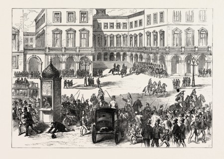 PARIS MUNICIPAL GUARD DISPERSING THE CROWD AT THE ST. LAZARE RAILWAY STATION