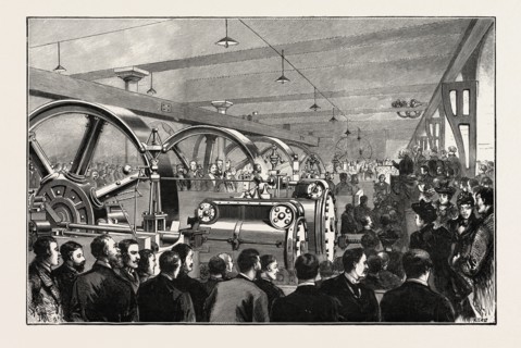 OPENING OF THE LIVERPOOL DOCKS OVERHEAD ELECTRIC RAILWAY: LORD SALISBURY TURNING ON THE ELECTRIC