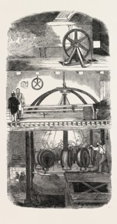 SECTION OF THE MANUFACTORY, SHOWING THE PROGRESS OF THE ROPE FROM THE GROUND FLOOR TO THE WHEEL IN