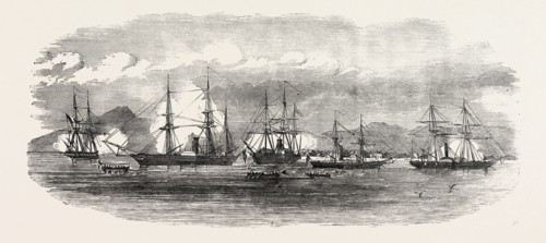 ENGLISH AND FRENCH STEAMERS IN THE HARBOUR OF GONAIVE, HAITI
