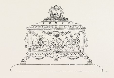 CASKET FOR FREEDOM OF MERCHANT TAYLORS COMPANY PRESENTED TO THE DUKE OF YORK, UK, 1893 engraving