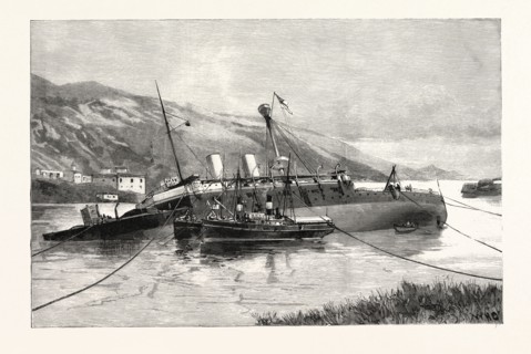 POSITION OF H.M.S. HOWE AT FERROL AFTER THE FIRST ATTEMPT TO RAISE HER, A CORUNA, GALICIA, SPAIN,
