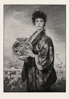 A WOMAN HOLDING A FISHBOWL CONTAINING GOLD FISH, 1893 engraving