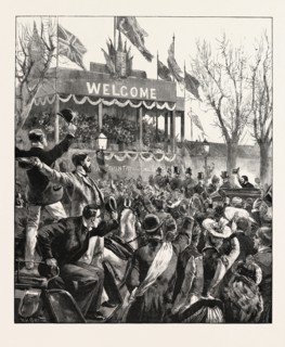 HOME RULE: GREAT MEETING AT BELFAST: ARRIVAL OF MR. BALFOUR AT THE LINEN HALL, NORTHERN IRELAND,