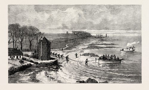 SUBMARINE TELEPHONE BETWEEN SCOTLAND AND IRELAND: DONAGHADEE, COUNTY DOWN, 1893 engraving