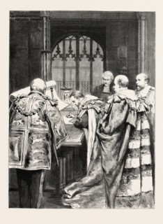 HIS ROYAL HIGHNESS THE DUKE OF YORK SIGNING THE ROLL ON TAKING HIS SEAT IN THE HOUSE OF LORDS, UK,