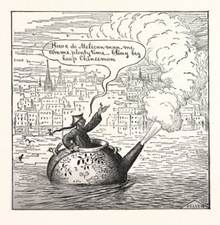 OH ! LAW THEY ARE COMING OVER IN THEIR OWN TEA-POTS  NOW! ,engraving 1880, us, usa