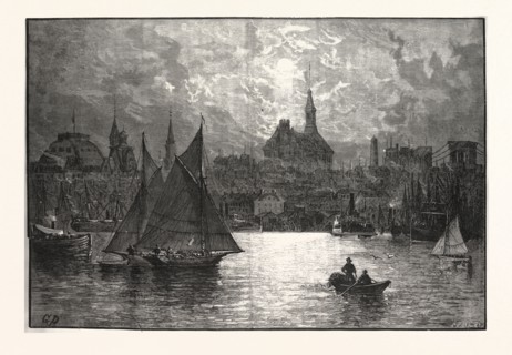 NEW YORK A CORTLANDT STREET FERRY-BOAT, JERSEY SIDE. DRAWN GRANVILLE PERKINS, engraving 1880, us,