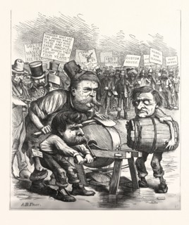DEMOCRATIC AXE-GRINDER, engraving 1880, US, USA, POLITICS, POLITICAL, POLITIC, CAMPAIGN, PATRIOTIC