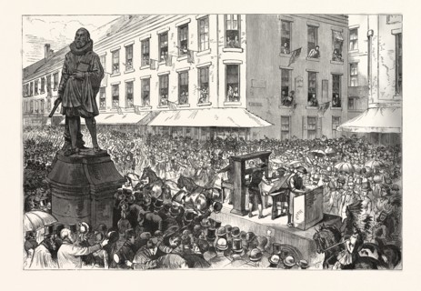 BOSTON CELEBRATION: THE PROCESSION PASSING WINTHROP STATUE. DRAWN BY C. GRAHAM, engraving 1880, US,