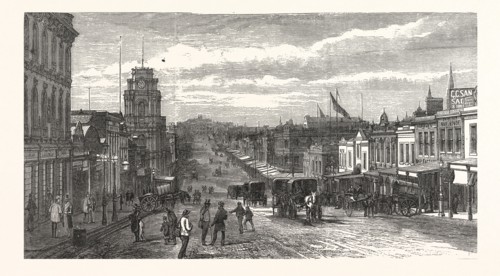 MELBOURNE THE PRESENT TIME VIEW GREAT BOURKE STREET, AUSTRALIA, ENGRAVING 1880