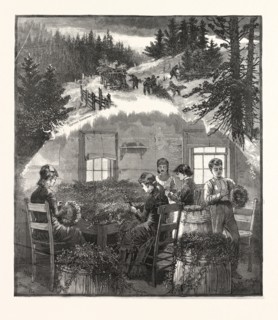 MAKING WREATHS, PREPARING CHRISTMAS GREENS, US, USA, AMERICA, UNITED STATES, AMERICAN, ENGRAVING