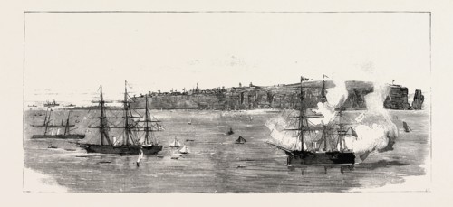 THE CESSION OF HELIGOLAND TO GERMANY: H.M.S. CALYPSO FIRING A SALUTE ON THE ARRIVAL OF THE GERMAN