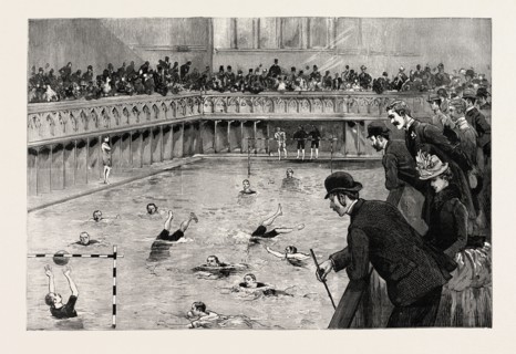 WATER POLO MATCH AT THE CROWN BATHS, KENNINGTON OVAL, UK, 1890 engraving