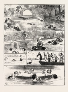 THE LONDON SWIMMING CLUB CONTEST AT THE CRYSTAL PALACE: 1. SWIMMING HEATS. 2. TUB RACE. 3. POLE