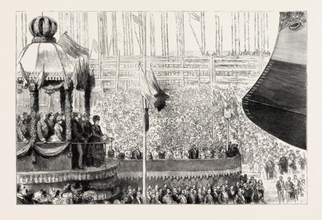 THE ANGLO-SPANISH SHIPYARDS AT BILBAO, SPAIN: THE QUEEN OF SPAIN LAUNCHING THE FIRST CRUISER LA