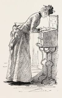 A HASTY NOTE AT THE RAILWAY STATION, 1890 engraving