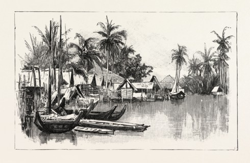 MALAY NATIVE VILLAGE ON THE EAST COAST OF SUMATRA, INDONESIA, 1890 engraving