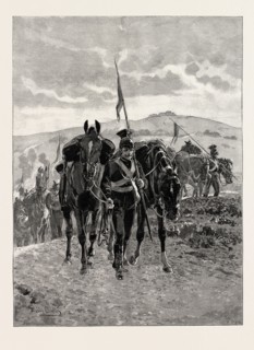 THE CAVALRY MANOEUVRES: THE END OF THE DAY, LANCERS LEADING THEIR HORSES INTO CAMP AFTER A LONG