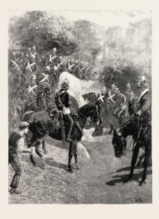 THE CAVALRY MANOEUVRES: THE GUARDS ON THE MARCH FROM ALDERSHOT TO CHURN CAMP, ARRIVING AT A