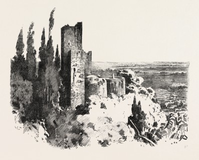 THE BURNING OF THE ALHAMBRA AT GRANADA: THE RED TOWER, ANDALUSIA, SPAIN, 1890 engraving