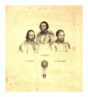 Portraits of three balloonists Ippolito Caffi, Francesco Arban, and G. Seiffard, with a small view