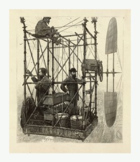 Albert Tissandier (left), Gaston Tissandier (right), and an unidentified man in the basket of their