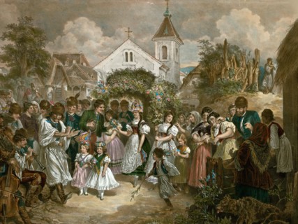 Queen of Pentecost, hungary, 19th century, village party, man, woman, children, girls, flowers,