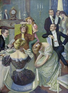 Afternoon tea By Oscar Bluhm, 1867 - 1912, German, tea, lady, ladies, men, table, teapot, teacup,