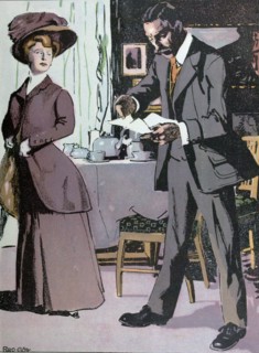 Afternoon tea by Ferdinand Gotz, 1874-1936, German. , tea, lady, man, table, teapot, tea,  food and