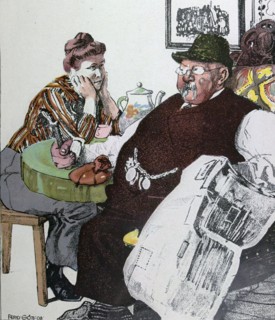 Coffee at the table by Ferdinand Gotz, 1874-1936, German. man, woman, 1900, watch chain, coffeepot,